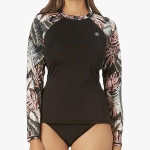 Hurley Women's Black Scattered Palm Long Sleeve Rash Guard Swim Top XL NWOT